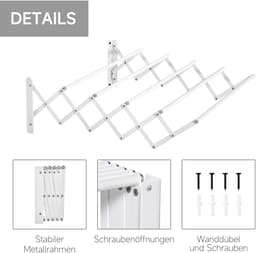 Wanddroogrek – Uitschuifbaar en Inklapbaar – 63,5 x 60 x 20 cm – Metaal – Wit – Binnen en Buiten — thumbnail 3