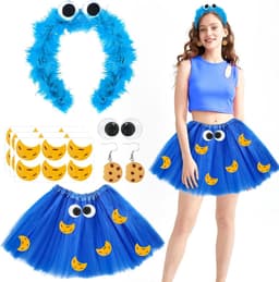Volwassenen, meisjes, haarband met kruimelmonster + jupe in blauwe tule, voor Halloween, carnaval, cosplay — thumbnail 1