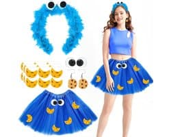 Volwassenen, meisjes, haarband met kruimelmonster + jupe in blauwe tule, voor Halloween, carnaval, cosplay