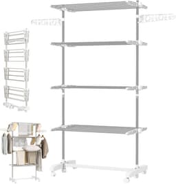 Mobiel wasrek - Wasrek met wielen - Mobiel Wasrek met 6 Wielen - Wit/Zilver RVS - 142x55x172 cm - Vouwbaar en Verstelbaar - Met Sokkenclips — thumbnail 1