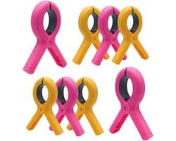 Handdoekclips Wasknijpers - Groot en Sterk - Voor strandstoelen, wasgoed en dikke kleding - 8 stuks - 4 Geel + 4 Fuchsia