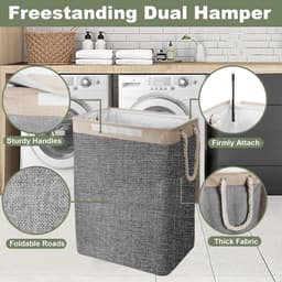 76L opvouwbare wasmand met afneembare tas, wasmanden voor wasgoed met deksel, opvouwbare kleine slanke wasmanden voor vuile kleding, wasmand met handvat voor kaki en grijs — thumbnail 5