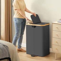 Wasmand 52 x 38,5 x 75 cm Zwart Inhoud van 150 liter Dubbele vakverdeling Met deksel tegen geurtjes+afneembare binnenzak Stevige en duurzame constructie Waterafstotend en gemakkelijk te reinigen Geschikt voor wasruimte, slaapkamer en woonkamer — thumbnail 4