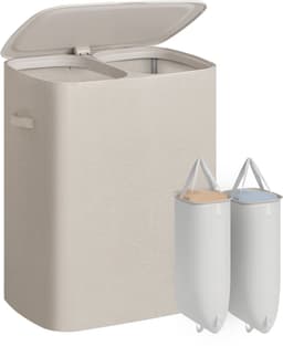 Beige Wasbox 56 x 40,5 x 70 cm met Deksel en 2 Vakken, Grote Wasmand 160 L met Uitneembare Waszakken, Opvouwbare Laundry Basket met Stabiel Frame en Handgrepen, Was Organizer voor Kleding Sorteren, Slaapkamer Badkamer — thumbnail 3