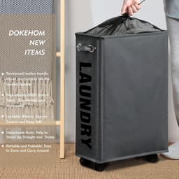 SnelShoppen - 25-Inch Smalle Wasmand op Wielen - Vouwbare Rolwasmand voor Kleding - Donkergrijs - 52L Capaciteit - Ideaal voor Kleine Ruimtes — thumbnail 5