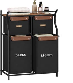 Mura Wasmand - Wasrek - Wassorteerder - Laundry Basket - Wasbox - 4 Vakken Sorteersysteem - Gelabeld - 145L - Zwart / Bruin — thumbnail 1