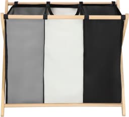Muntel® Wasmand - Opvouwbaar - Beukenhout - Polyester - 3 Vakken - 105 L - Zwart - Grijs - Ecru — thumbnail 2