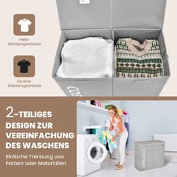 COSTWAY Wasmand met deksel, 115 liter, wasverzamelaar, 2 vakken, wasbox van vliesstof met handgrepen, 62 x 31 x 60 cm (grijs) — thumbnail 4
