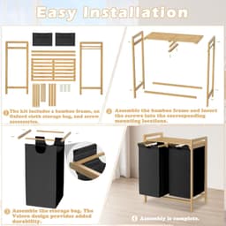 Wasmand met bamboeframe, afneembare en wasbare Oxford-stoffen zak, 2 aparte vakken, wassorteerder voor huishouden, zwart, 73 x 64 x 33,5 cm — thumbnail 2