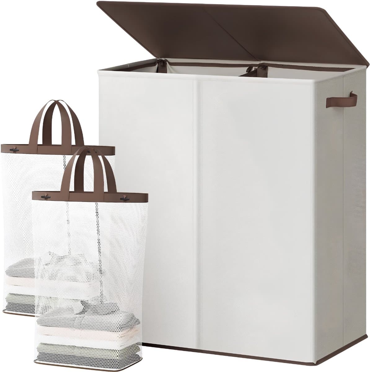JCP® Wasmand - 145L - Wasmand 2 Vakken - Wasmand met Deksel - Gebroken Wit - 58cm x 38cm x 67cm — afbeelding 1