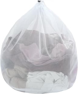 4 stuks - Mesh waszak - Met verstelbare schouderriem - Stevig nylon materiaal - Wasvoering met trekkoordsluiting - 30x40 cm - Wit — thumbnail 3