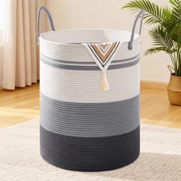 Katoenen Touw Wasmand Extra Groot 45.5cm x 61cm - Opvouwbare Opbergmand met Handvat - Voor Wasgoed, Dekens en Speelgoed - 100L Verloop grijs — thumbnail 1