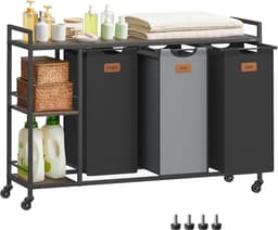 Wasmand met 3 compartimenten, 150 liter wasmand, wassorteerder, wielen, waswagen met planken, waszak met uitneembare zakken, 6 labels, kastanjebruin, inktzwart en duifgrijs BLH312B01 — thumbnail 2