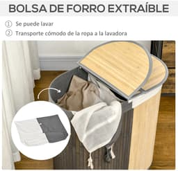 ITRONIQ Wasmand Met Deksel 100 Liter - Dubbele Wasbox Met Twee Compartimenten - Uitneembare Waszak - Bamboe - Grijs Naturel — thumbnail 5