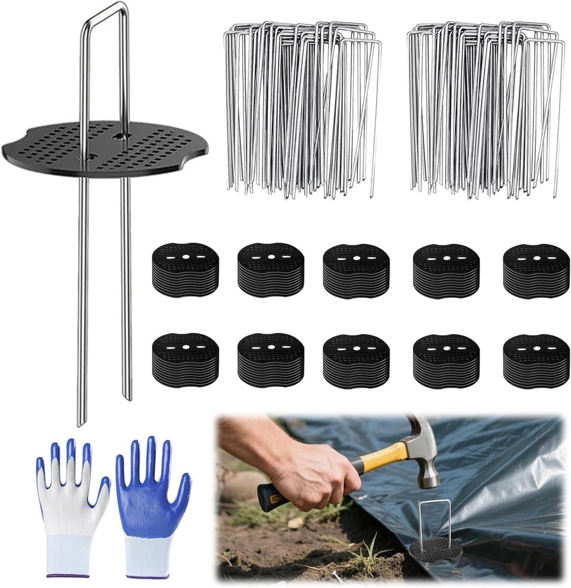 Professionele grondankers voor de tuin, 100 grondhaken en 100 bufferdiscs, gegalvaniseerd staal, 150 mm lang, 40 mm breed, 2 mm diameter, stevig en duurzaam — afbeelding 1
