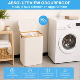 Noventra - Wasmand 100 Liter - Wasmand met Deksel - Wasmand met Waszak - Bamboe Rand - Opvouwbaar - Wasgoed Wasmand - Kledingmand - Wasmand Badkamer - Wit — thumbnail 3