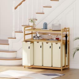 Wasmand, 200 liter, 4 vakken, uittrekbare en afneembare waszak, wasmand, bamboe frame, wasmand, wasmand, wasmand, wasmand, wasmand, wasmand, wassorteerder, bamboe (beige-12-8) — thumbnail 3