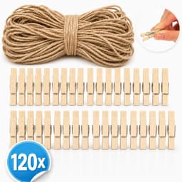 Thijox - 120 Mini Wasknijpers Houten Clips met 50m Jute Touw - Decoratie voor Foto's, Collages, Ansichtkaarten, Geluksgeschenken - Natuurlijke Kleur v — thumbnail 5