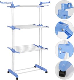 Mobiel Wasrek - Droogtoren Opvouwbaar - Kleding Drogen - Met Zijvleugels - 75 x 64 x 170 cm - Blauw Wit — thumbnail 4
