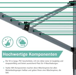 Droogmolen met 4 armen - Wasrek buiten - Kleding drogen - 50 meter waslijn - 213 cm hoogte - Zilver — thumbnail 4
