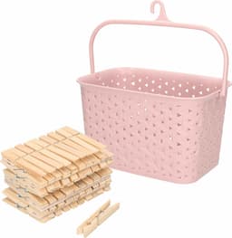 Wasknijpers mandje met ophanghaak - roze - gevuld met 100x houten wasknijpers van 7 cm - was ophangen — thumbnail 1