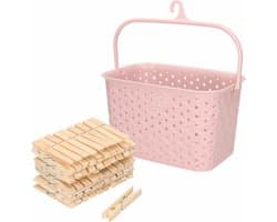Wasknijpers mandje met ophanghaak - roze - gevuld met 100x houten wasknijpers van 7 cm - was ophangen — afbeelding 1