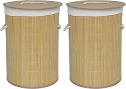 Gerimport Wasmand van bamboe Irka - 2x - 48 liter - D35 x 50 cm - met deksel / binnenvoering - opvouwbaar — thumbnail 1