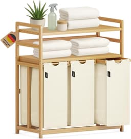 Wasmand met 3 vakken - Sorteren Kleding - Huishoudelijk Organiseren - Dubbele etage ontwerp - 148 Liter - Beige — thumbnail 1
