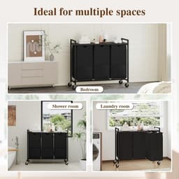 Wasmand met 3 uittrekbare oxfordzakken, legplank, metalen frame en wieltjes, Grijs 84x30x76,5cm, verrijdbaar voor badkamer en slaapkamer — thumbnail 5
