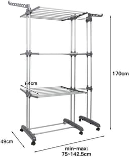 LUMÉ STORE Droogrek - Droogtoren - Wasrek - XL - 3 Niveaus - 6 Vleugels - Uitschuifbaar - Wielen - Opvouwbaar - 75-142cm - Grijs — thumbnail 1
