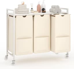 Wasmand met 3 uittrekbare oxfordzakken, legplank, metalen frame en wieltjes, wit 84x30x76,5cm, verrijdbaar voor badkamer en slaapkamer — thumbnail 1
