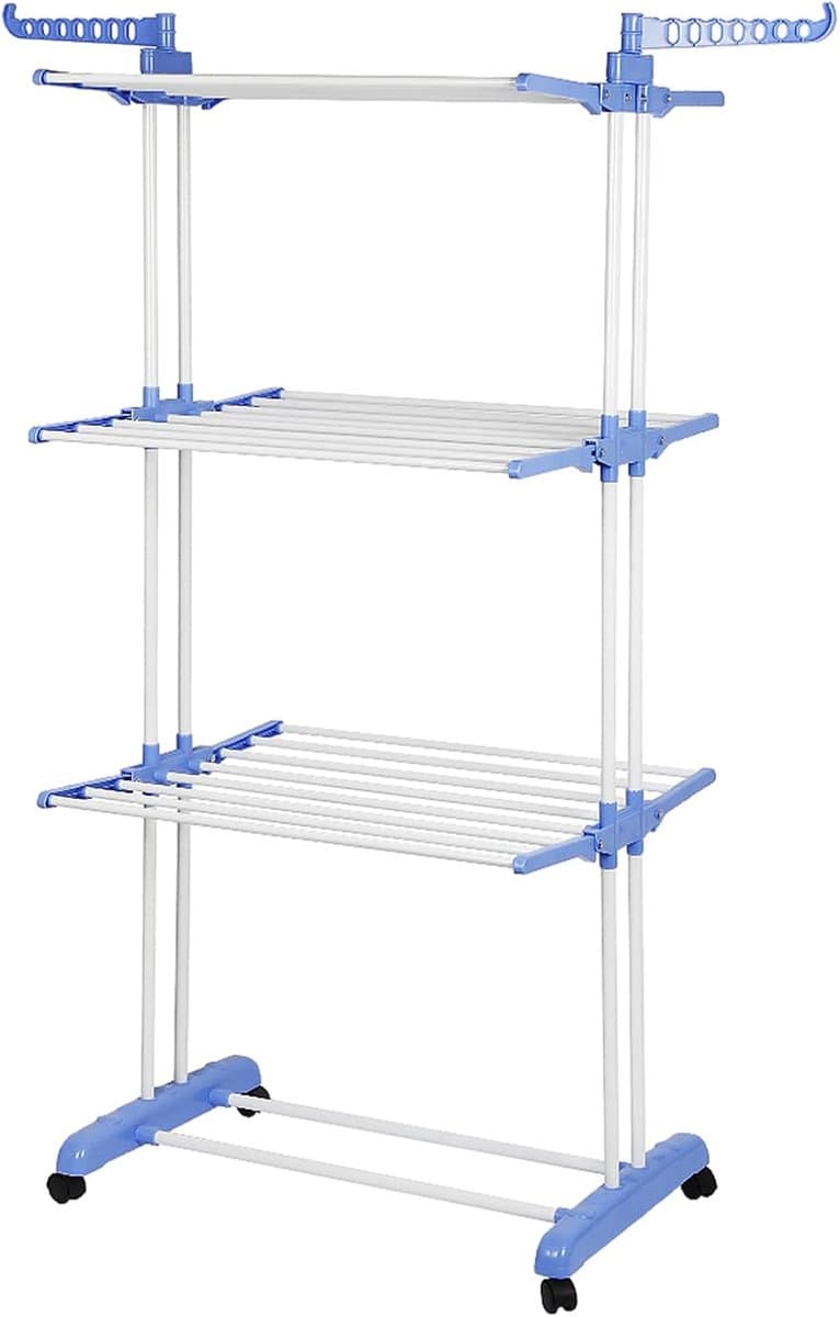 Wasrek met wieltjes - Kledingdroger toren - Ruimtebesparend drogen - Inklapbaar met zijvleugels - 170 cm hoog - Blauw — afbeelding 1
