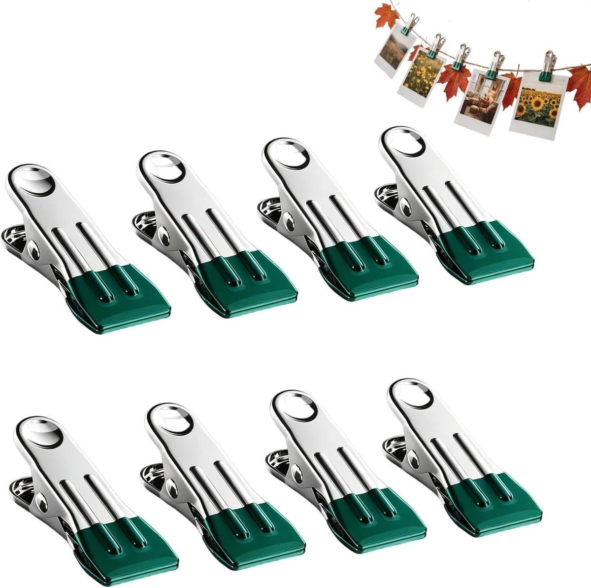 Wasknijpers Zwaar Gebruik - Kledingklemmen Hangers - Kleding Drogen - Roestvrij Staal - 8 stuks - Groen — afbeelding 1