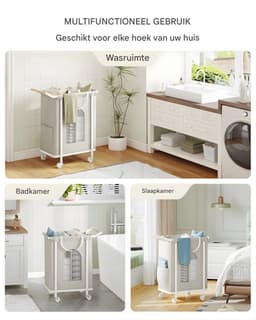 Waskorf – Voor Woonkamer & Badkamer – Rollende Waskorf met 2 Compartimenten en Afneembare Hangzak – Beige — thumbnail 4