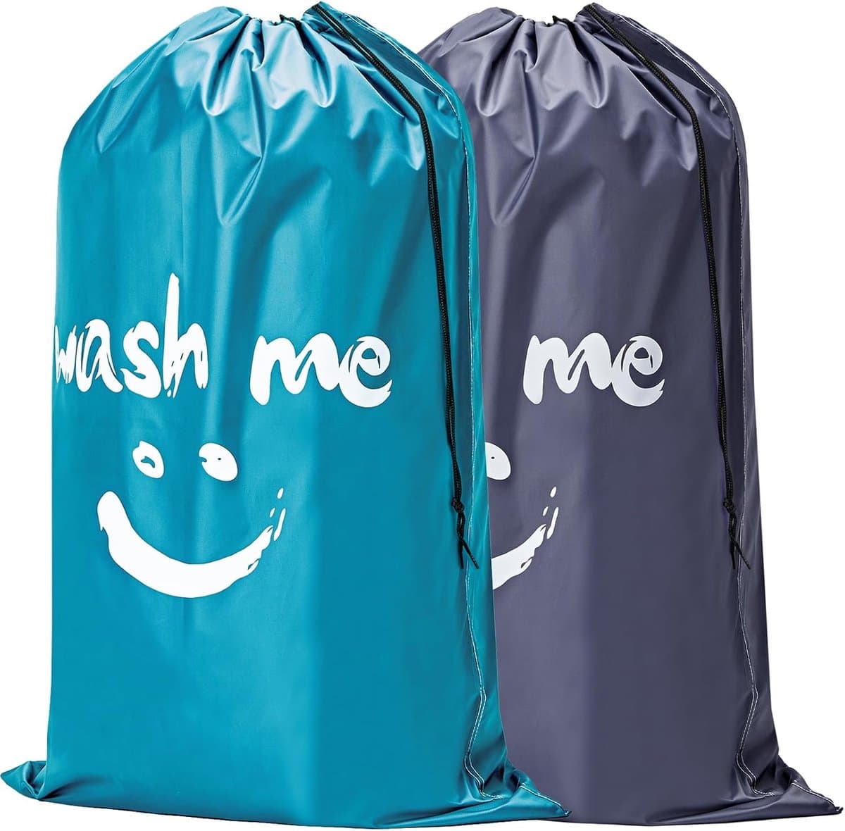 2 Stuks - Grote Waszakken - 70 x 45 cm - Opvouwbare Reiswaszak - Met Trekkoord - Opbergzak voor Vuile Wasgoed - Polyester - Praktische Opbergzak voor Vuile Wasgoed - Geschikt voor Reis, Slaapzalen en Thuis - Blauw, Grijs — afbeelding 1