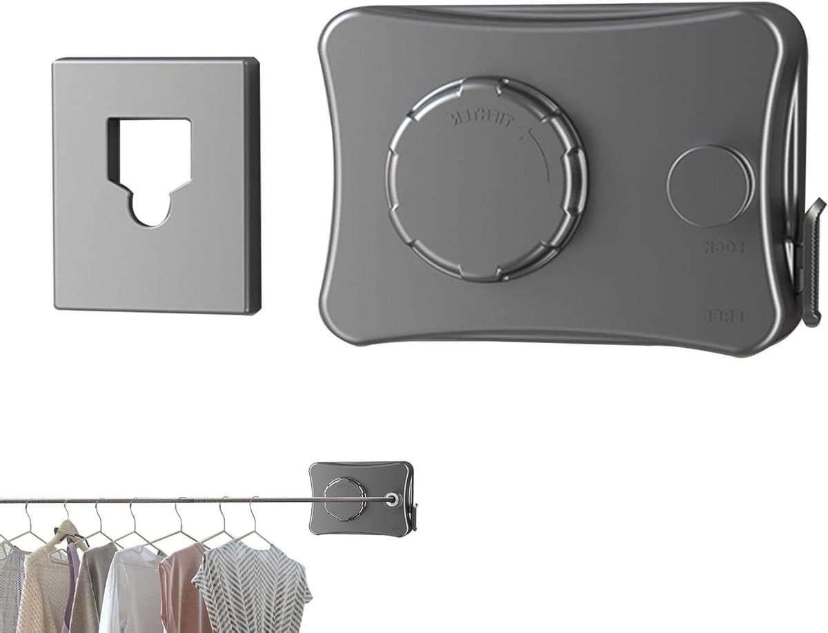Intrekbare Waslijn - Wanddroger Binnen - Kleding Drogen - Zonder Boren - 5.1 Meter - Grijs — afbeelding 1