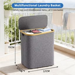 Wasmand - Wasmand 3 vakken - Wasmand met deksel - Groot volume 160 liter - Wassorteerder - Opvouwbaar - Verdeelde opbergmand - Geschikt voor slaapkamer, wasruimte, kast, badkamer en studentenkamer - Grijs — thumbnail 2