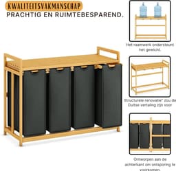 Core® Wassorteerder 4 vakken - Wasmand 4 vakken 200 Liter - Wasmand Met Opbergplank – Grijs - 81cm x 42cm x 80cm — thumbnail 5