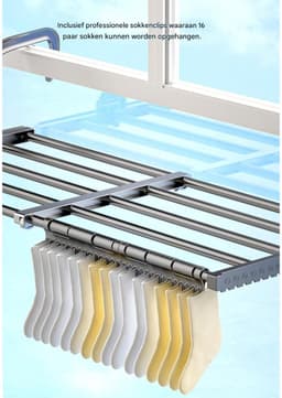 GELLDG Klein wasrek geschikt voor op het balkon - Uitschuifbaar en opvouwbaar - Wasrek voor radiator - Wandwasrek - Geschikt voor binnen- en buitengebruik - 38-55 cm - Inclusief winddicht sokkenrek — thumbnail 4