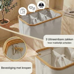 Alles & Co. XXL Wasmand 141 Liter - 3 Vakken Wassorteerder - Met Uitneembare Waszakken - Bamboe & Grijs — thumbnail 5