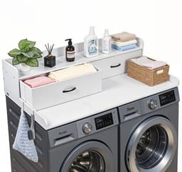 Werkblad/bovenblad voor wasmachine en droger - Met opbergruimte - Afmeting 137 x 69,9 cm - Plank, 2 lades en haken - Draagvermogen 113 kg - Voor wasruimte/linnenkast - Wit — thumbnail 1
