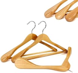 PromoHome 5 stuks houten kledinghangers met antislip broekstang - Brede schouder ondersteuning voor zware jassen en pakken - Natuurlijke houtkleur — thumbnail 2