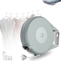 Waslijndraad - 15 meter - Waslijn - Uittrekbare Waslijn - Roldrooglijn - Drooglijn Oprolbaar - Wasrek - wanddroogrek - droogrek - voor kamperen - om doorzakken te voorkomen - voor het drogen van kleding binnen en buiten - grijs — thumbnail 1