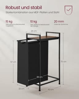 Furnstar Wasmand - Wasverzamelaar met plank - Wasbox - Afneembare waszak van Oxford weefsel - Metalen frame - 47L - 42 x 28 x 75 cm - Inktzwart Vintage Bruin — thumbnail 2