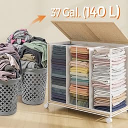 Waskorf, vuilewasmand met 3 vakken, waszak, handvat, deksel en wielen, 150 liter grote opslagcapaciteit, geschikt voor wasruimte, badkamer en slaapkamer, 66.5 x 37.5 x 65 cm, naturel. — thumbnail 4