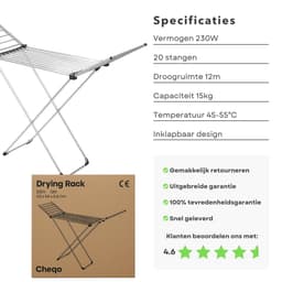 Cheqo® Elektrisch Droogrek - Verwarmd Droogrek - Inklapbaar Wasrek - 12 Meter Droogruimte - 230W Vermogen - Aluminium Materiaal - IPX1 Waterbestendig - Instelbare Temperatuur - 45-55 Graden Celsius - 20 Verwarmde Stangen - Compact Formaat — thumbnail 4