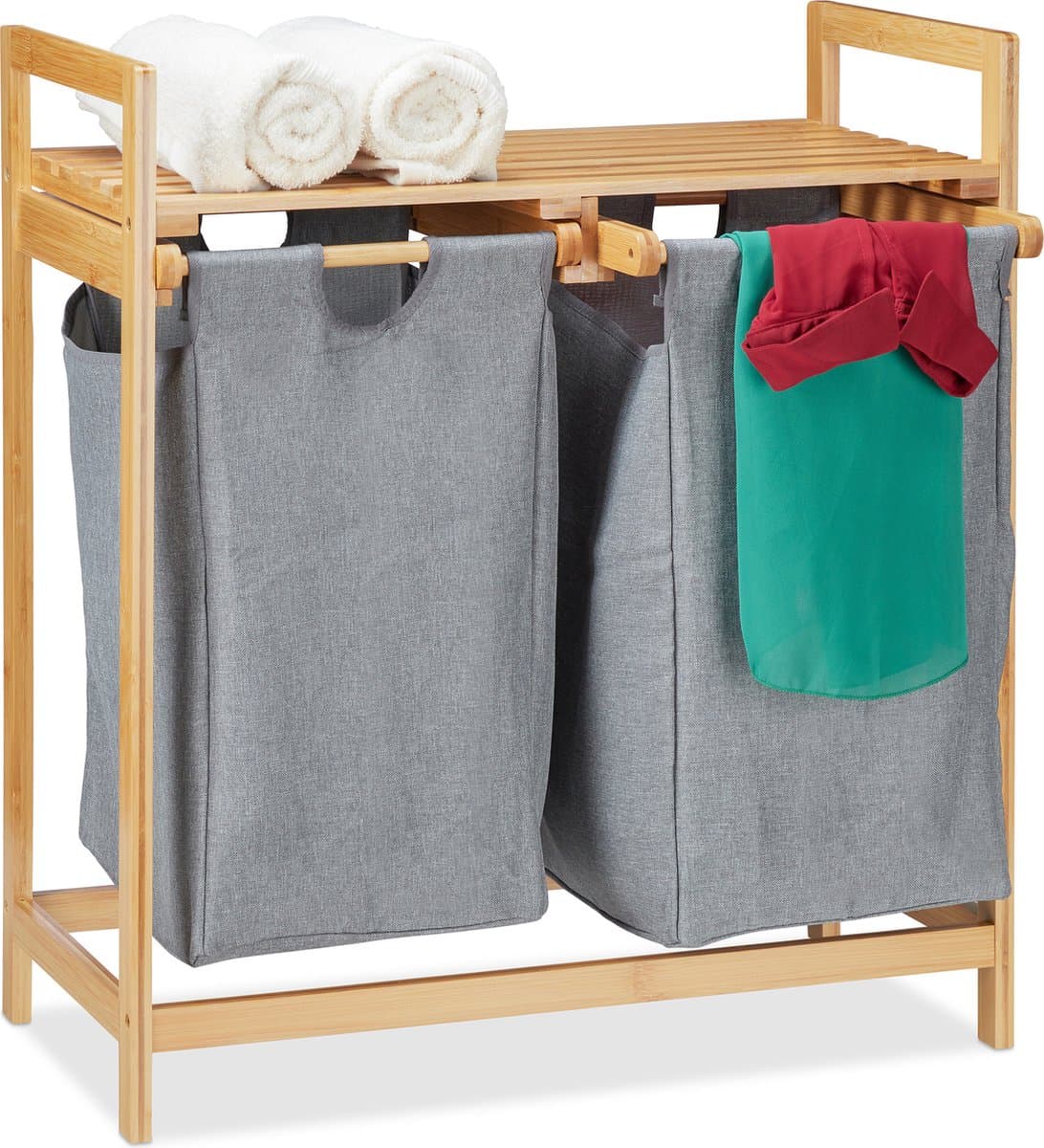 dubbele wasmand - op poten - 2 vakken - 2x 30 liter waszak - bamboe wassorteerder - natuur-grijs — afbeelding 1