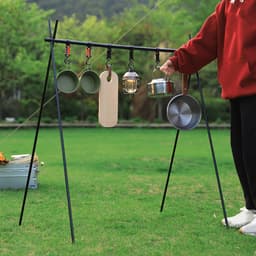 Stevige, ruimtebesparend opvouwbare kledingrek - Opvouwbaar verticaal droogrek - Wasdroogrek - Droogrek voor buitenkleding - Picknickrek voor kookgerei - Statief van 1,20 m - Opvouwbaar, robuust aluminium opbergrek met haken - Geschikt voor kamperen — thumbnail 2