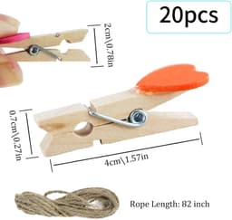 Set van 20 Hartvormige Mini Houten Knijpers met Jute Touw voor Foto's en Decoratie — thumbnail 5