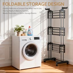 Soontrans Metalen Wasrek Met Wielen – Inklapbaar & Uitschuifbaar, 3 Verdiepingen Droogtoren 66x50x170cm, Multifunctioneel Voor Binnen/Buiten/Balkon, Stevig en Langleven, Inclusief 2 Sokkenclips en 1 Dubbellaagse Droogmand (Grijs) — thumbnail 2